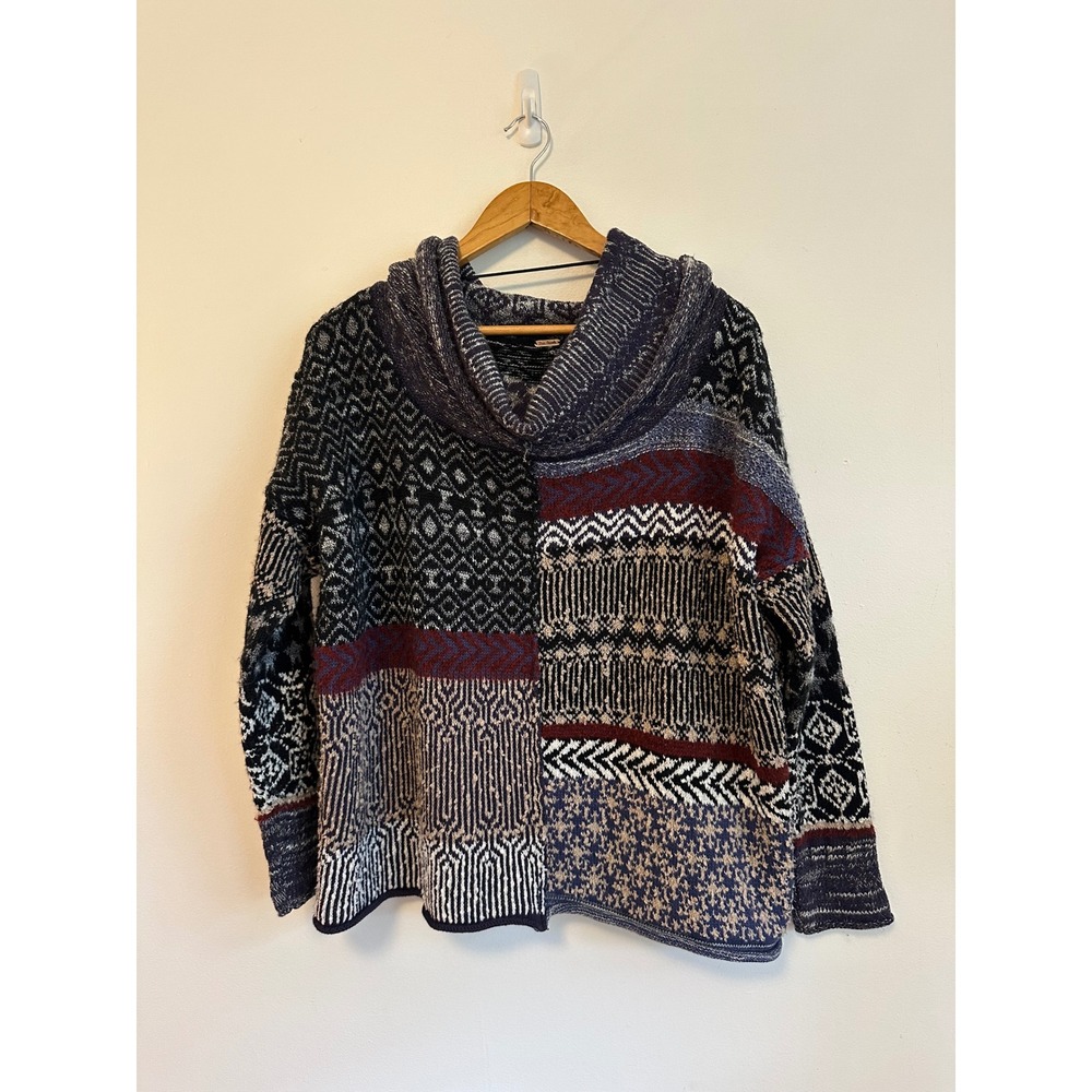 Free People Mixed Pattern Patchwork Cowl Neck Oversized Knit Sweater